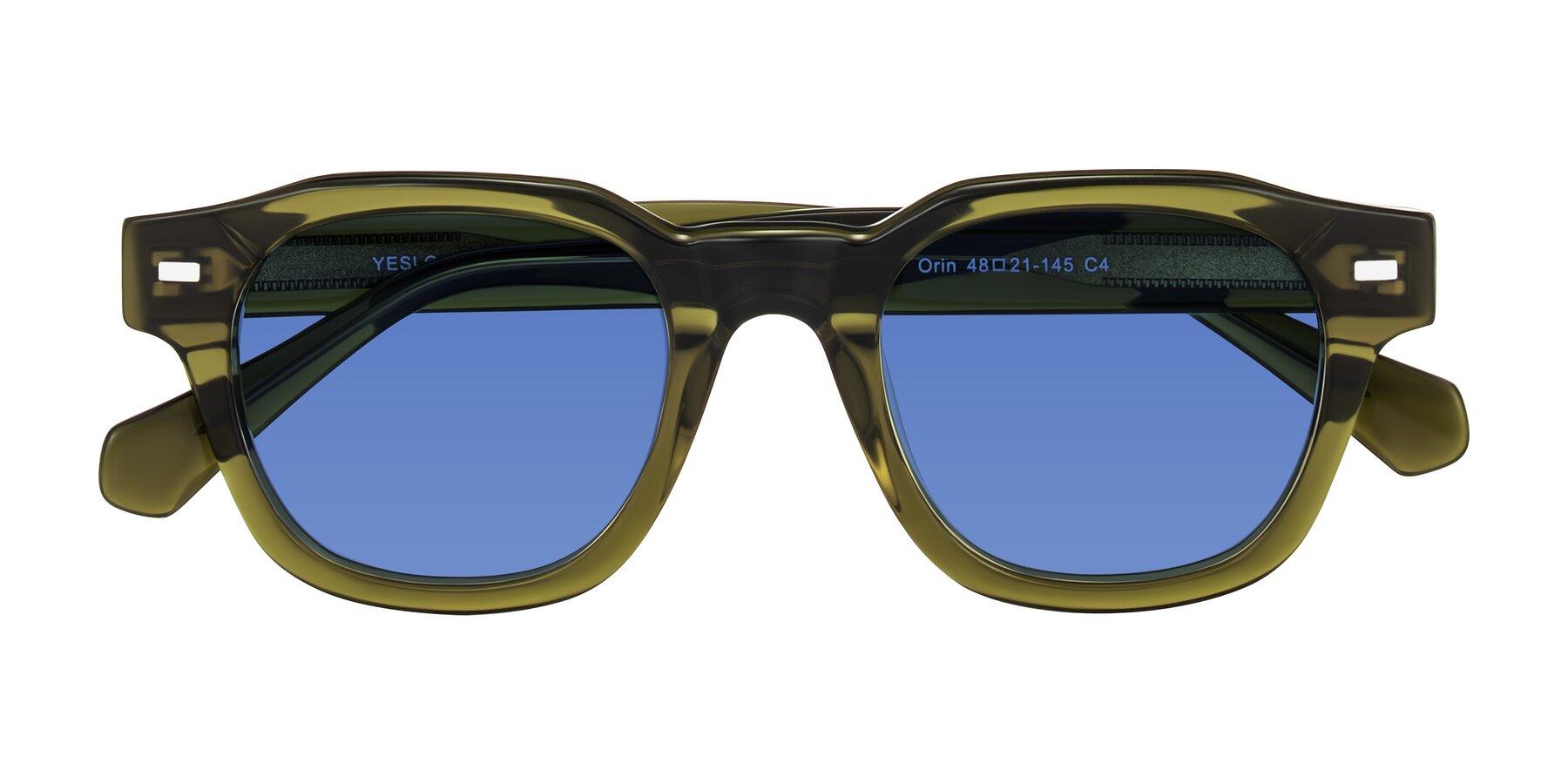 Folded Front of Orin in Translucent Olive Green with Blue Tinted Lenses