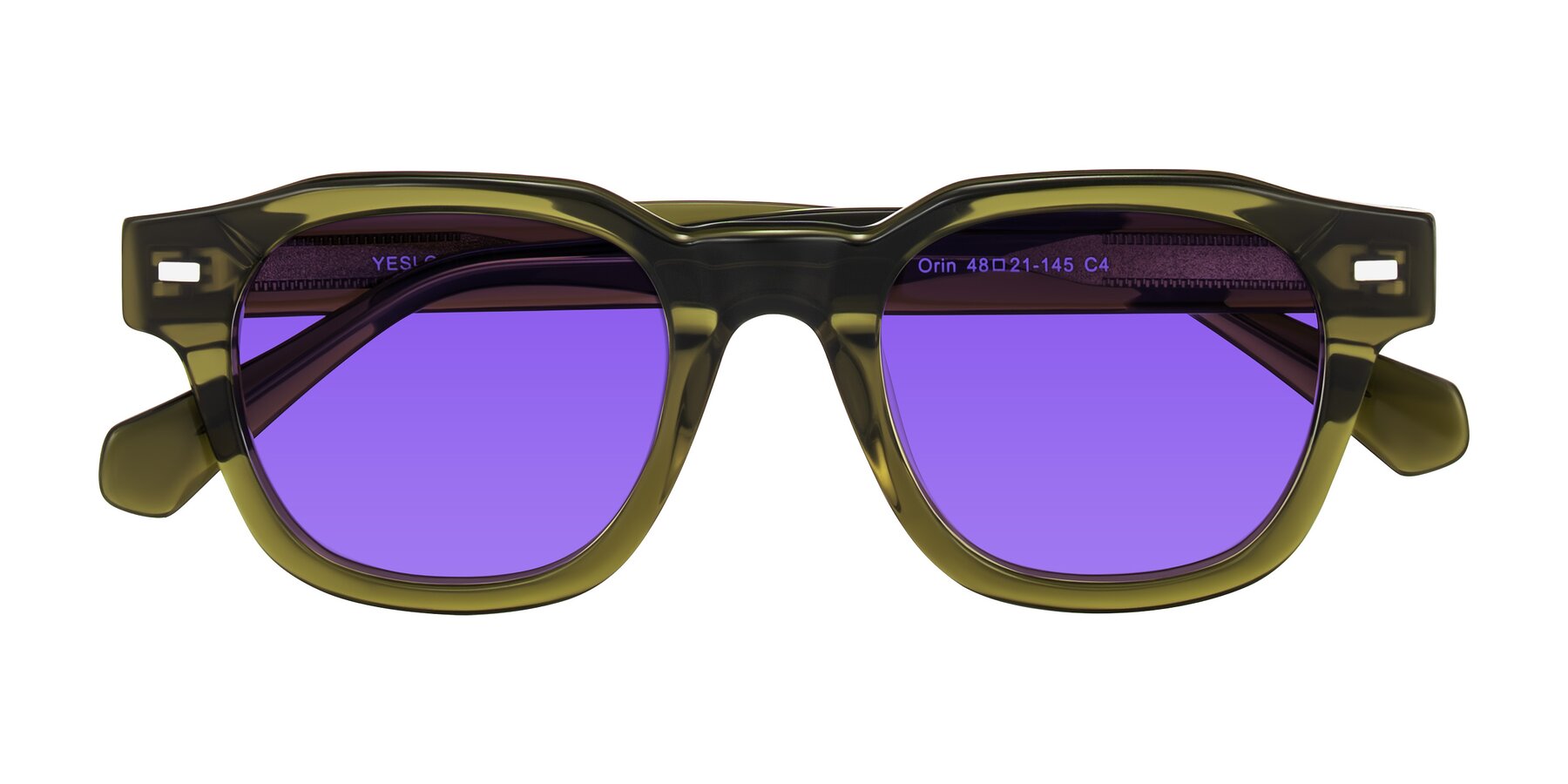 Folded Front of Orin in Translucent Olive Green with Purple Tinted Lenses