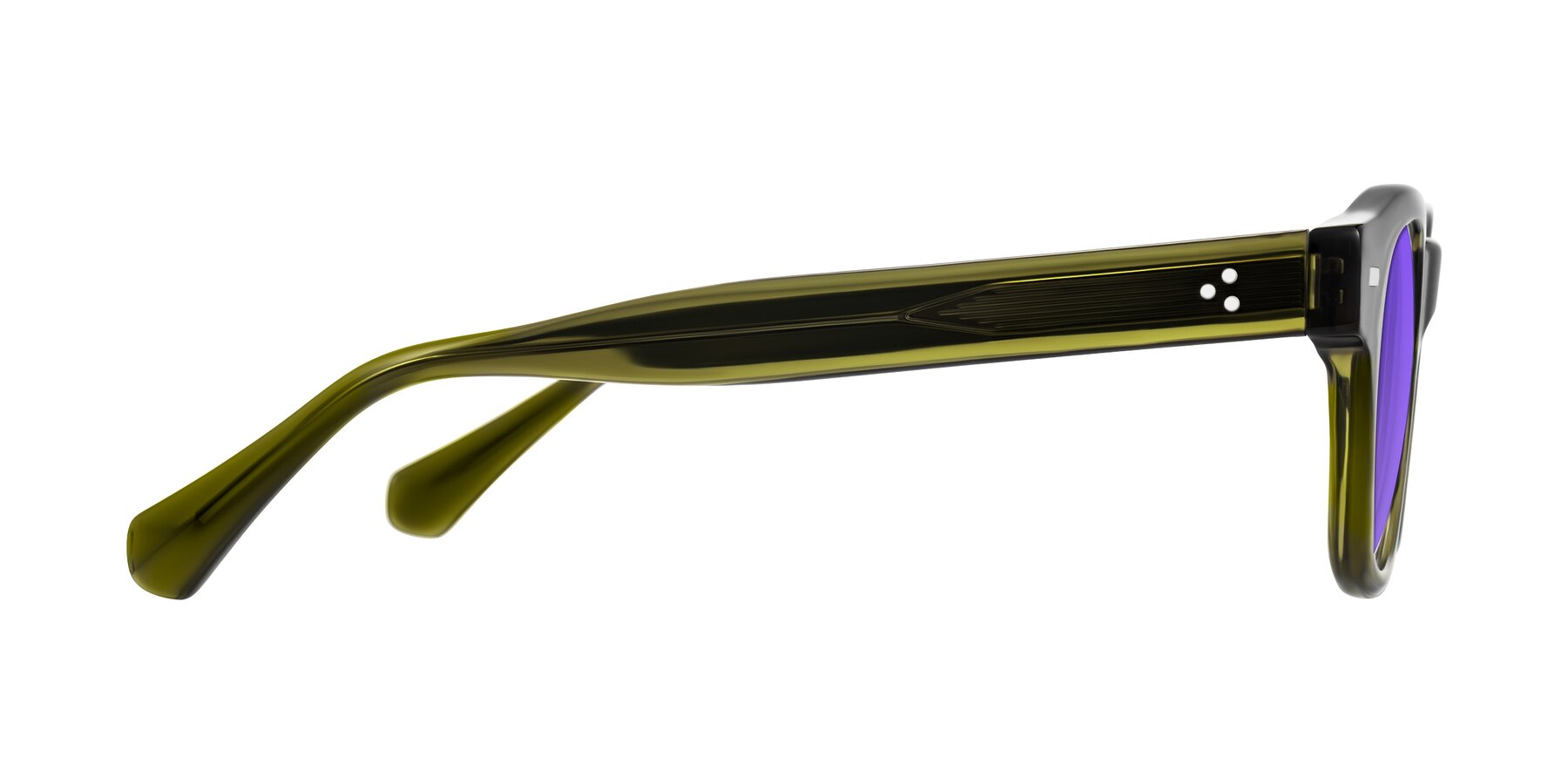 Side of Orin in Translucent Olive Green with Purple Tinted Lenses