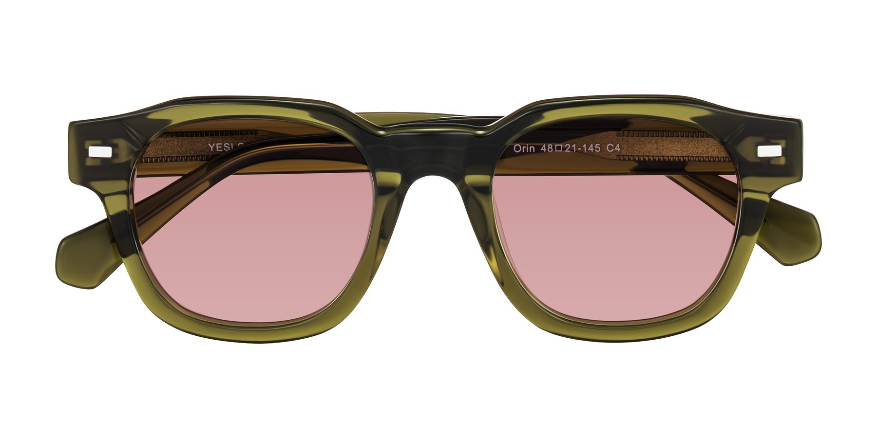 Folded Front of Orin in Translucent Olive Green with Medium Garnet Tinted Lenses