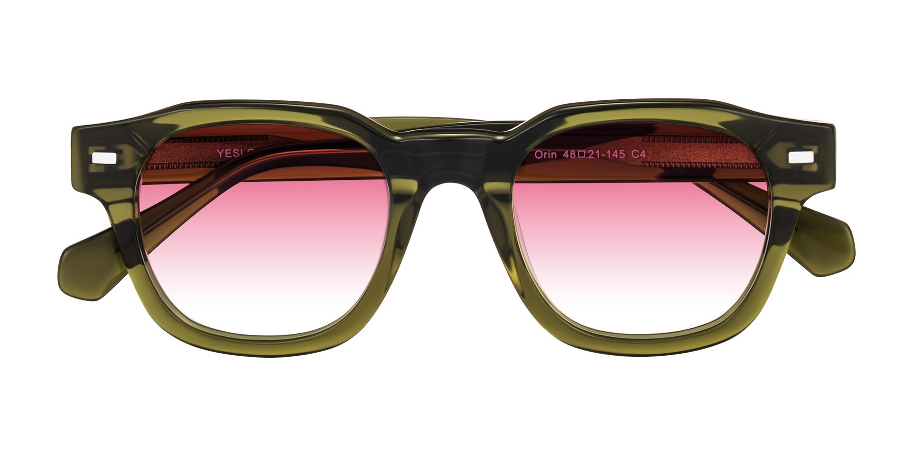 Folded Front of Orin in Translucent Olive Green with Pink Gradient Lenses