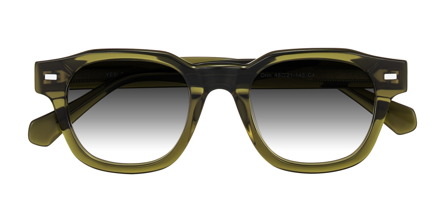 Folded Front of Orin in Translucent Olive Green with Gray Gradient Lenses