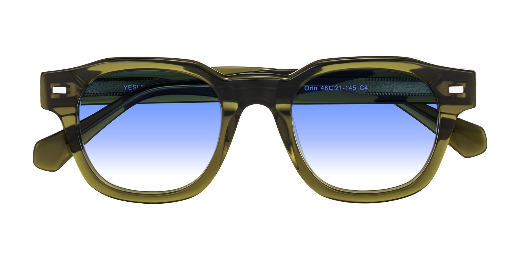 Folded Front of Orin in Translucent Olive Green with Blue Gradient Lenses