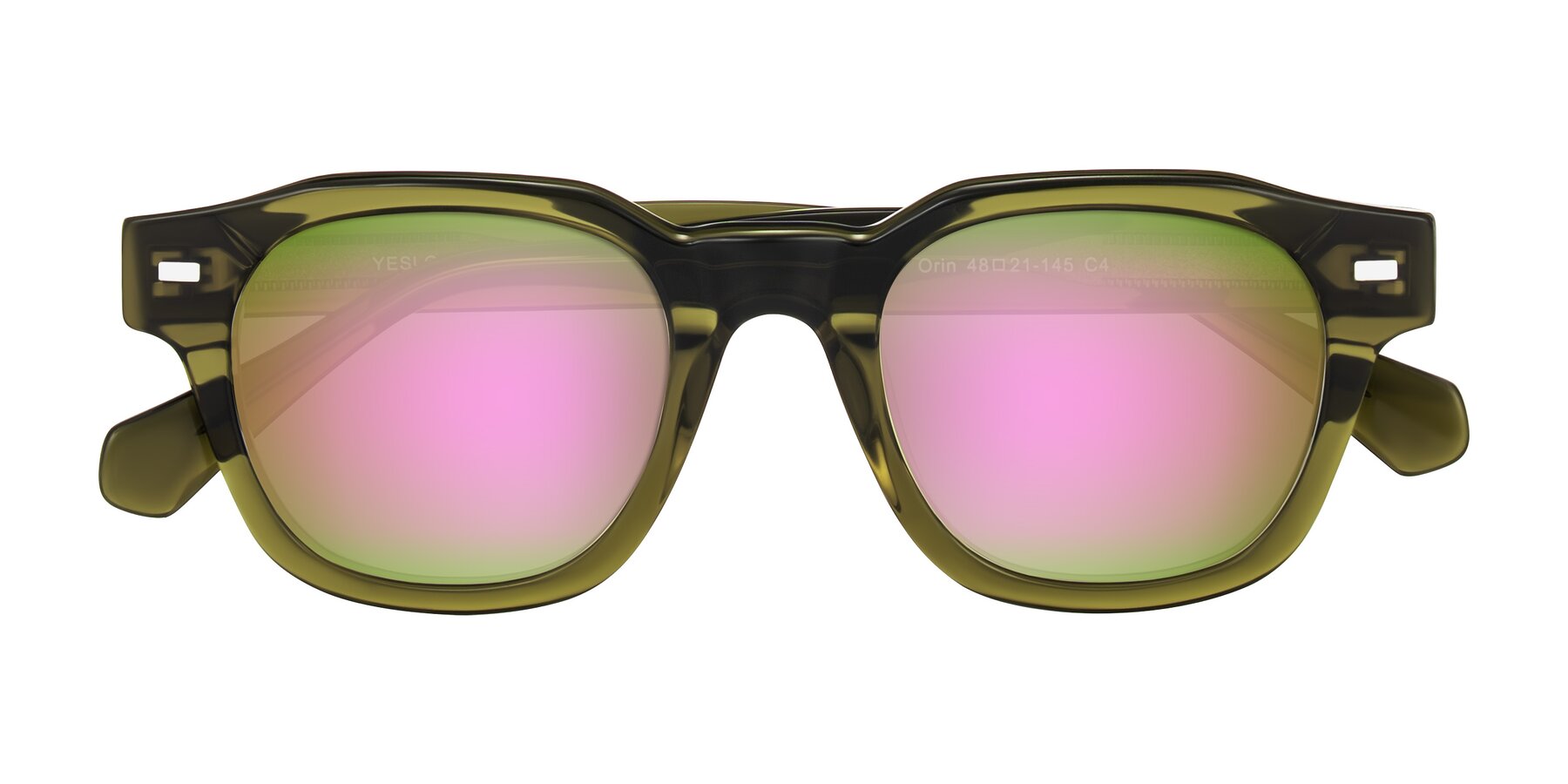 Folded Front of Orin in Translucent Olive Green with Pink Mirrored Lenses