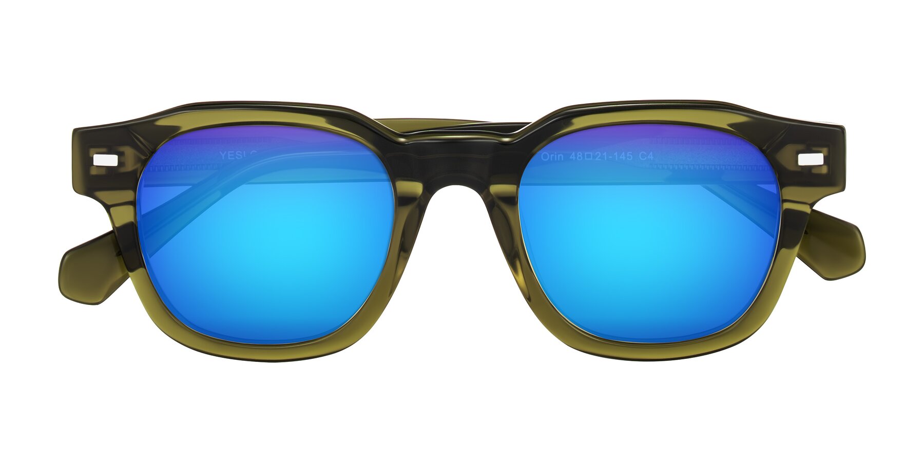 Folded Front of Orin in Translucent Olive Green with Blue Mirrored Lenses
