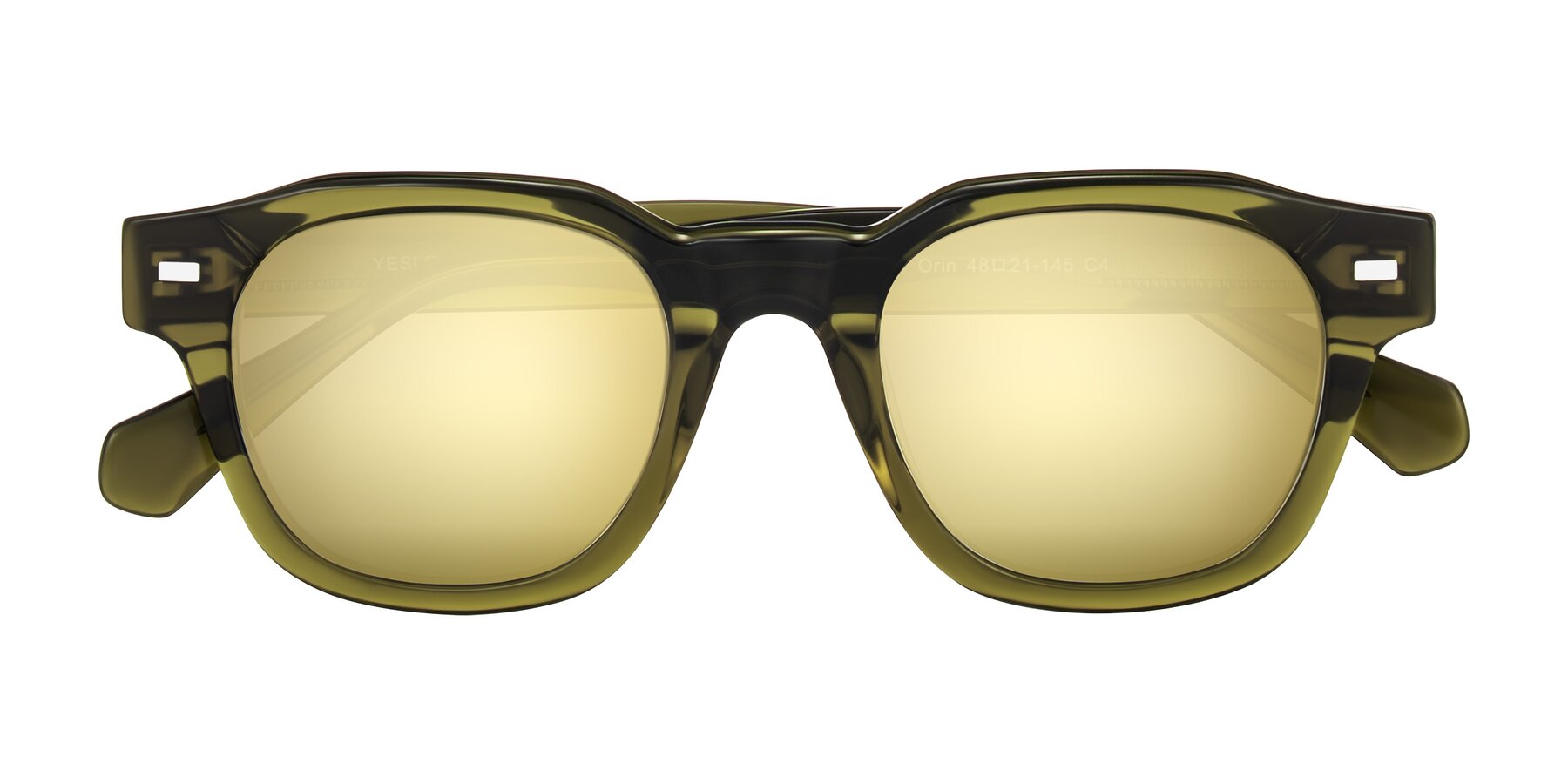 Folded Front of Orin in Translucent Olive Green with Gold Mirrored Lenses