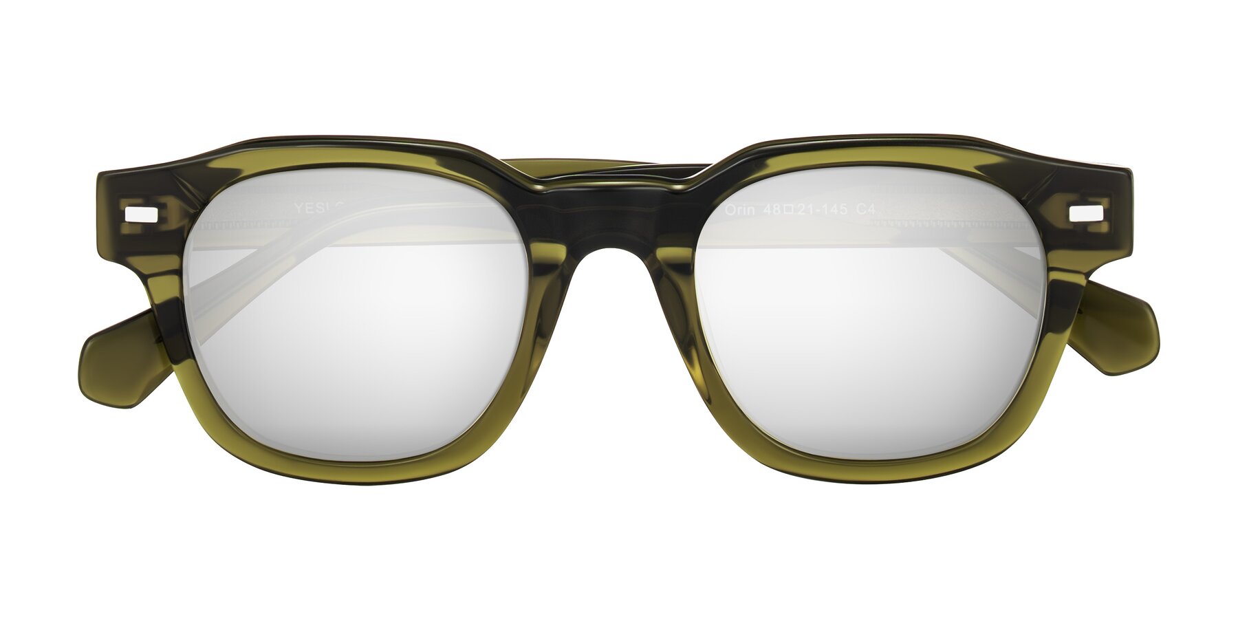 Folded Front of Orin in Translucent Olive Green with Silver Mirrored Lenses
