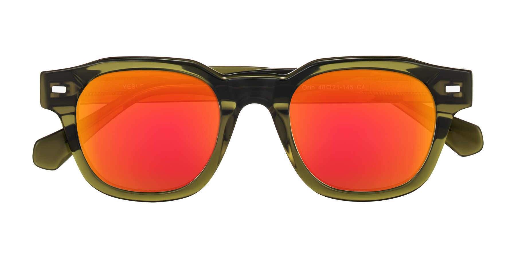 Folded Front of Orin in Translucent Olive Green with Red Gold Mirrored Lenses