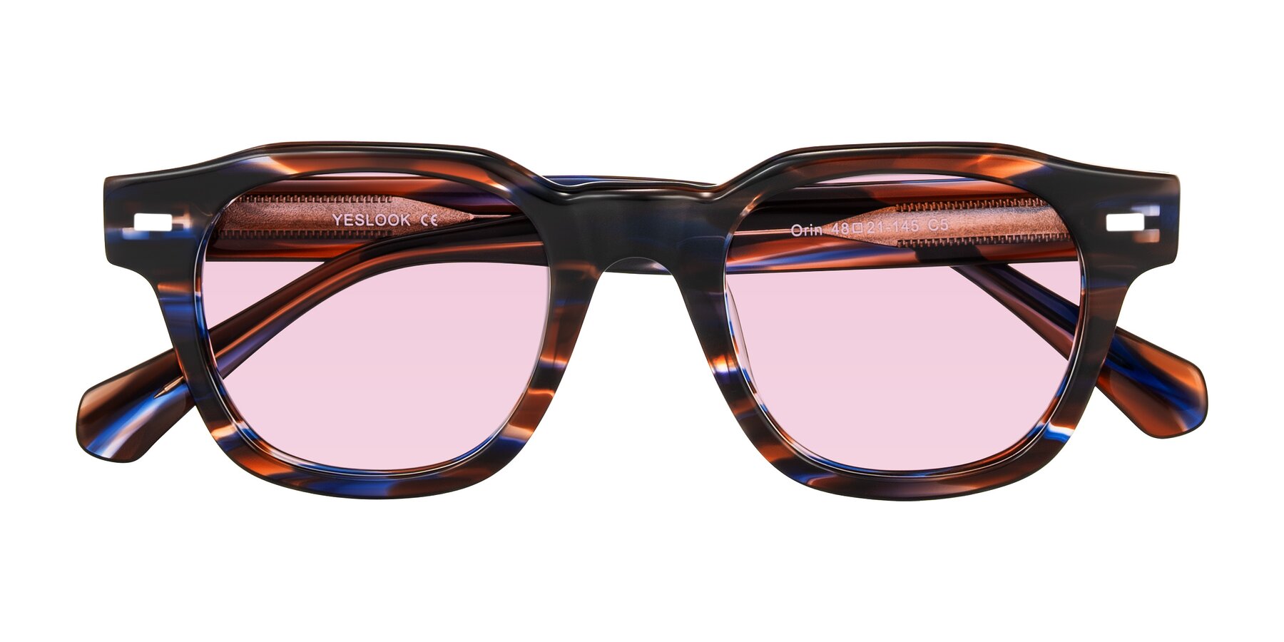 Brown Blue Striped Retro-Vintage Acetate Trapezoid Tinted Sunglasses with Light Pink Sunwear Lenses - Orin