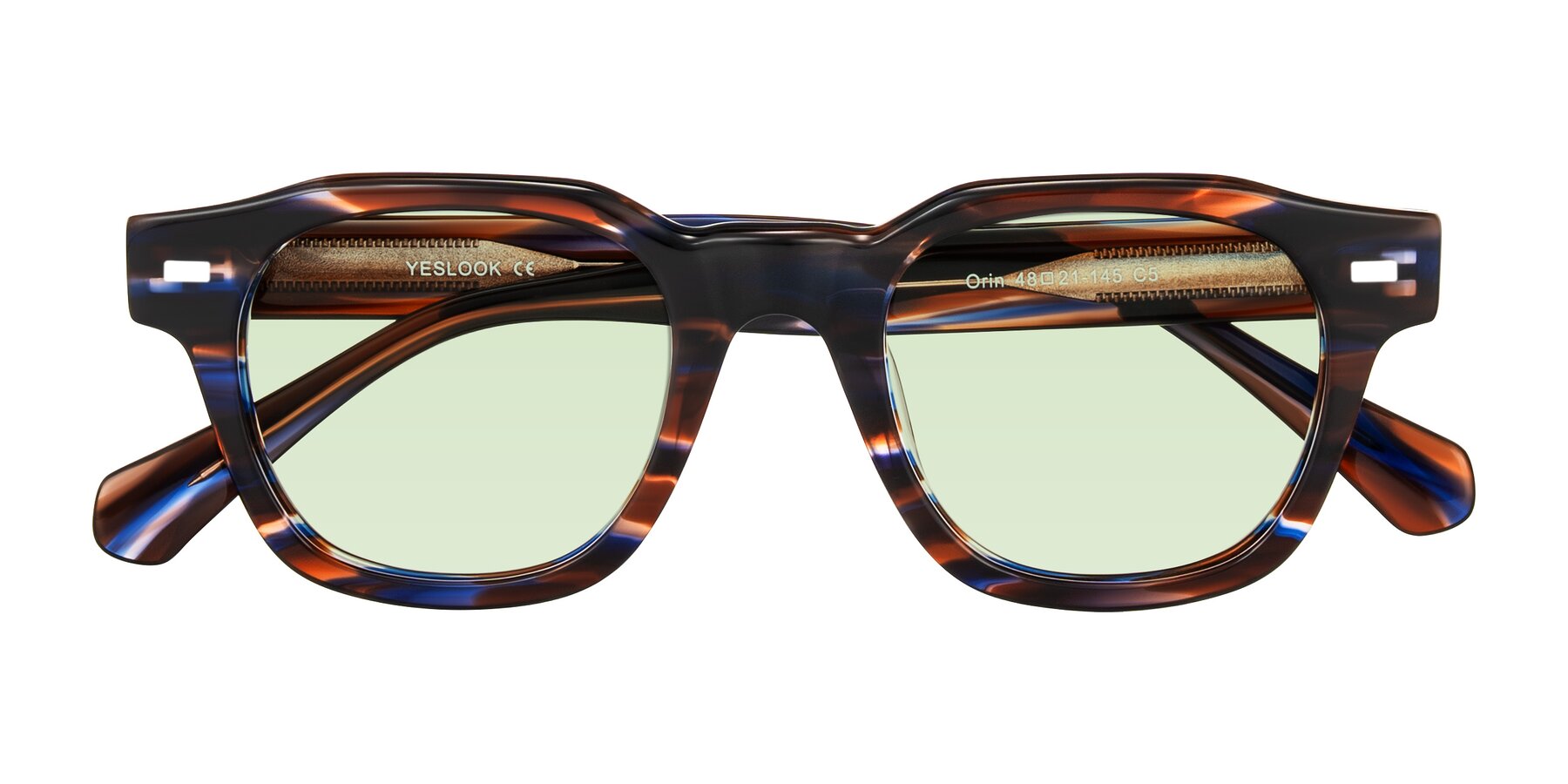 Folded Front of Orin in Brown Blue Striped with Light Green Tinted Lenses
