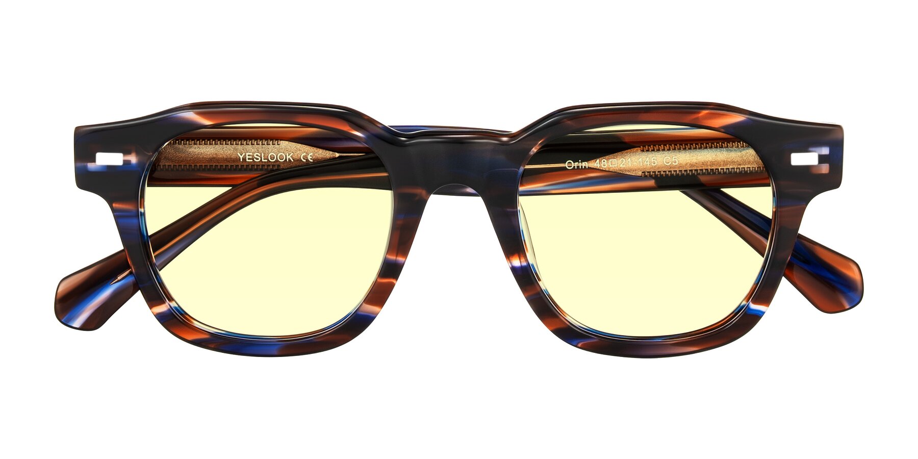 Brown Blue Striped Retro-Vintage Acetate Trapezoid Tinted Sunglasses with Light Yellow Sunwear Lenses - Orin