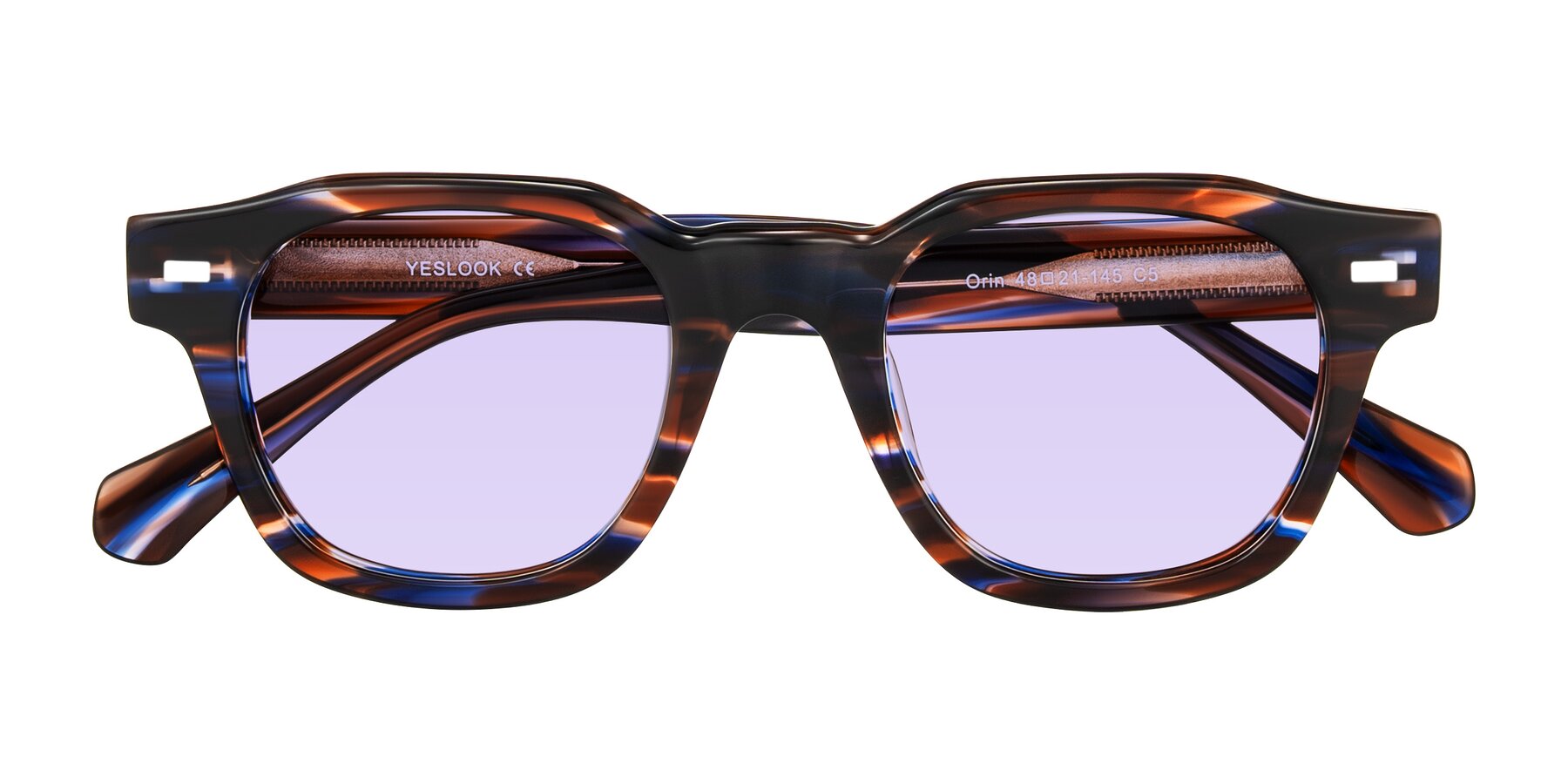 Brown Blue Striped Retro-Vintage Acetate Trapezoid Tinted Sunglasses with Light Purple Sunwear Lenses - Orin