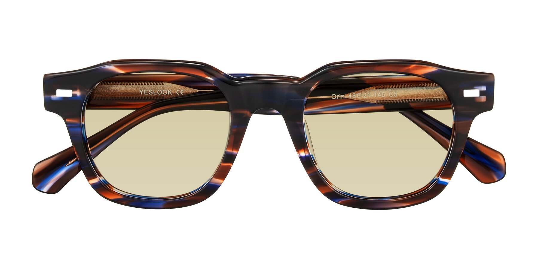 Brown Blue Striped Retro-Vintage Acetate Trapezoid Tinted Sunglasses with Light Champagne Sunwear Lenses - Orin