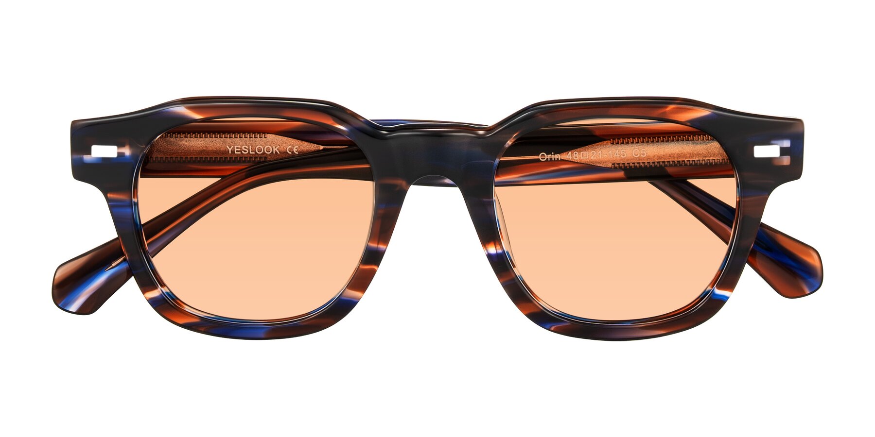 Brown Blue Striped Retro-Vintage Acetate Trapezoid Tinted Sunglasses with Light Orange Sunwear Lenses - Orin