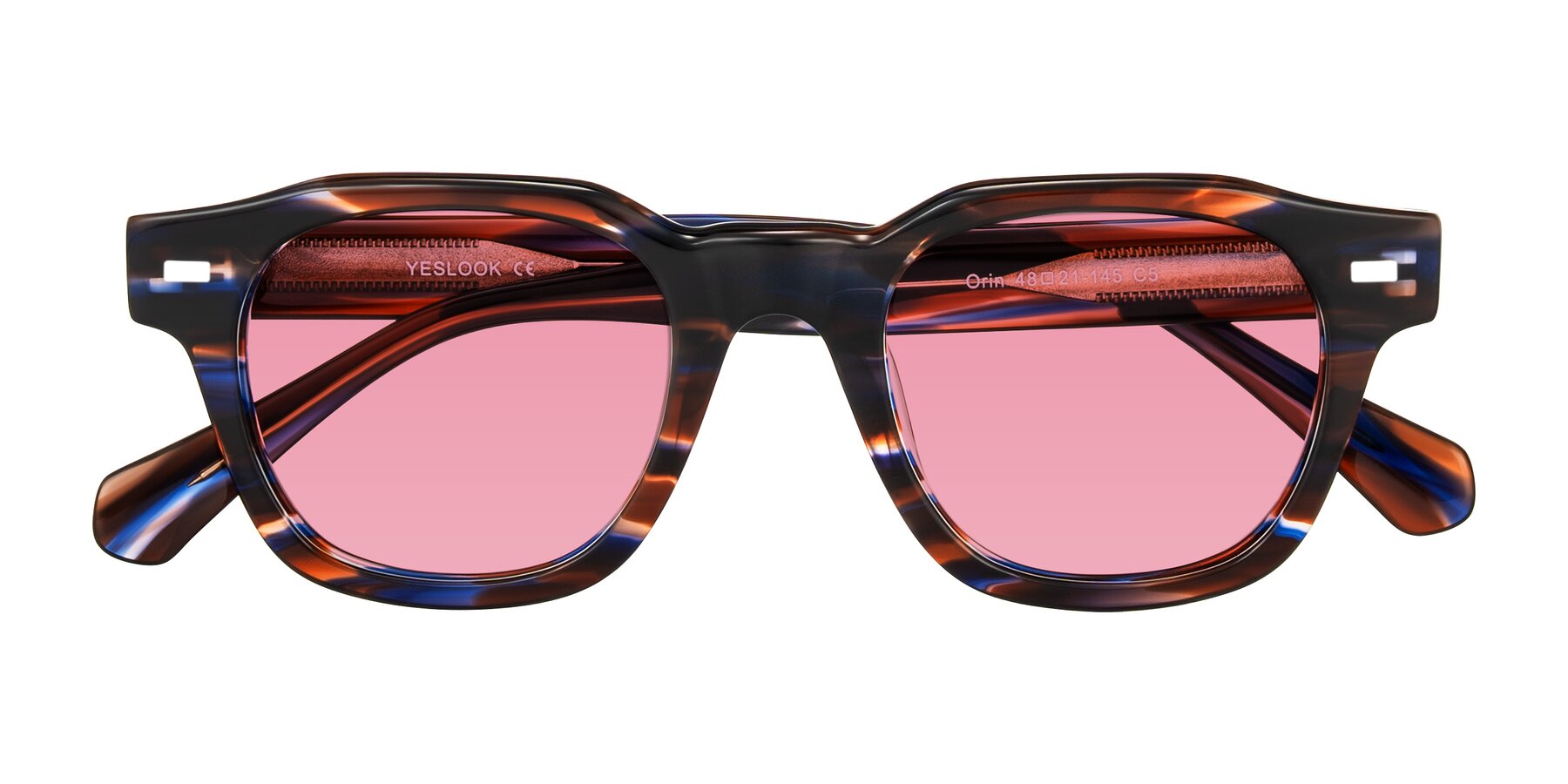 Folded Front of Orin in Brown Blue Striped with Pink Tinted Lenses