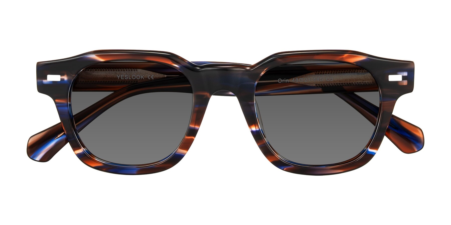 Folded Front of Orin in Brown Blue Striped with Medium Gray Tinted Lenses