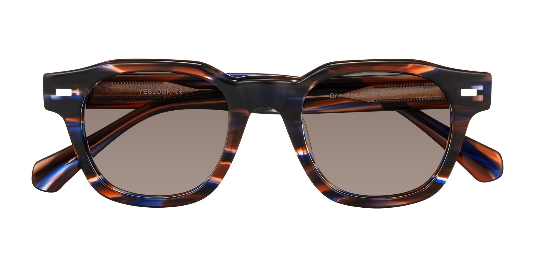 Folded Front of Orin in Brown Blue Striped with Medium Brown Tinted Lenses