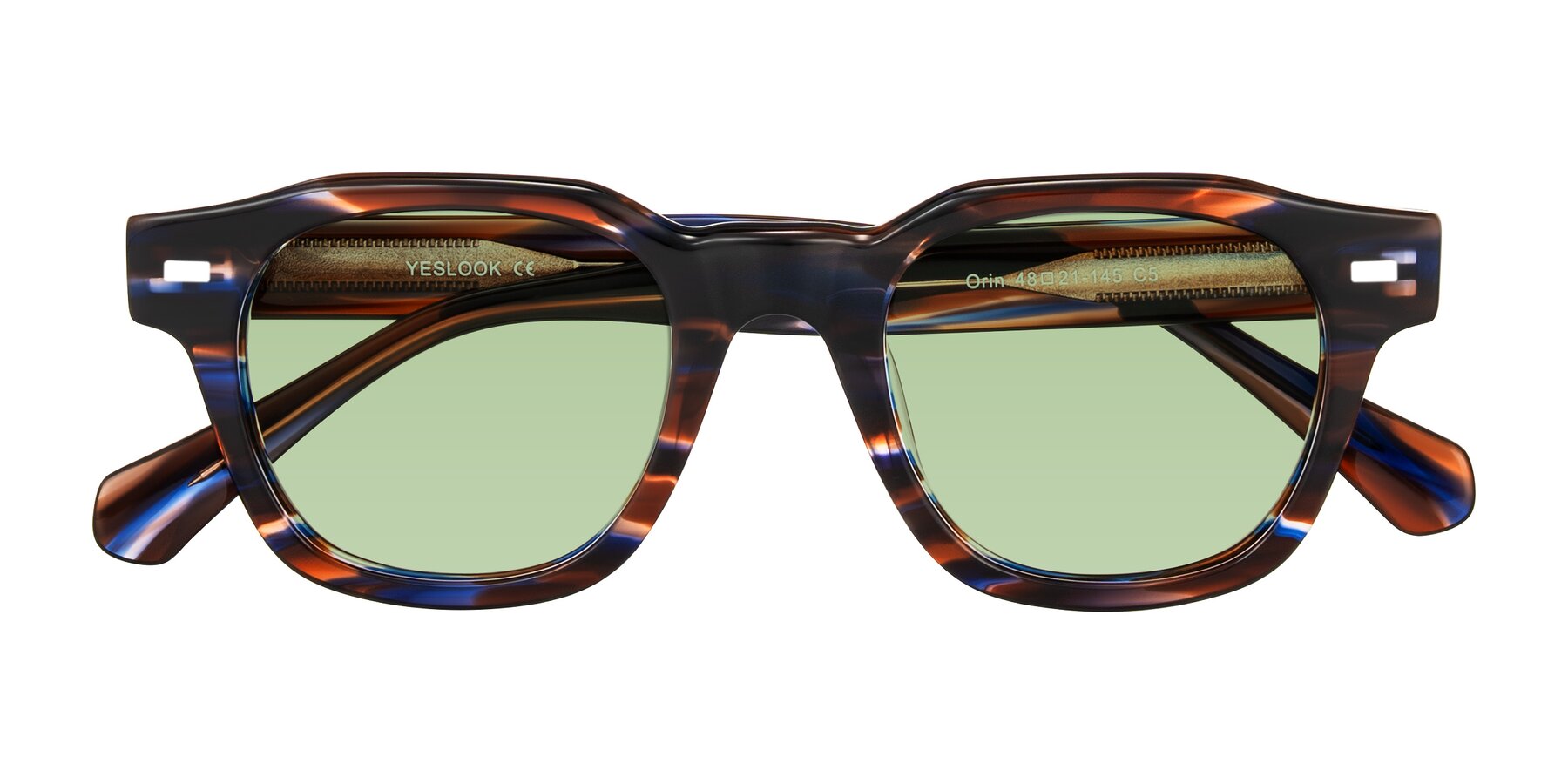 Folded Front of Orin in Brown Blue Striped with Medium Green Tinted Lenses