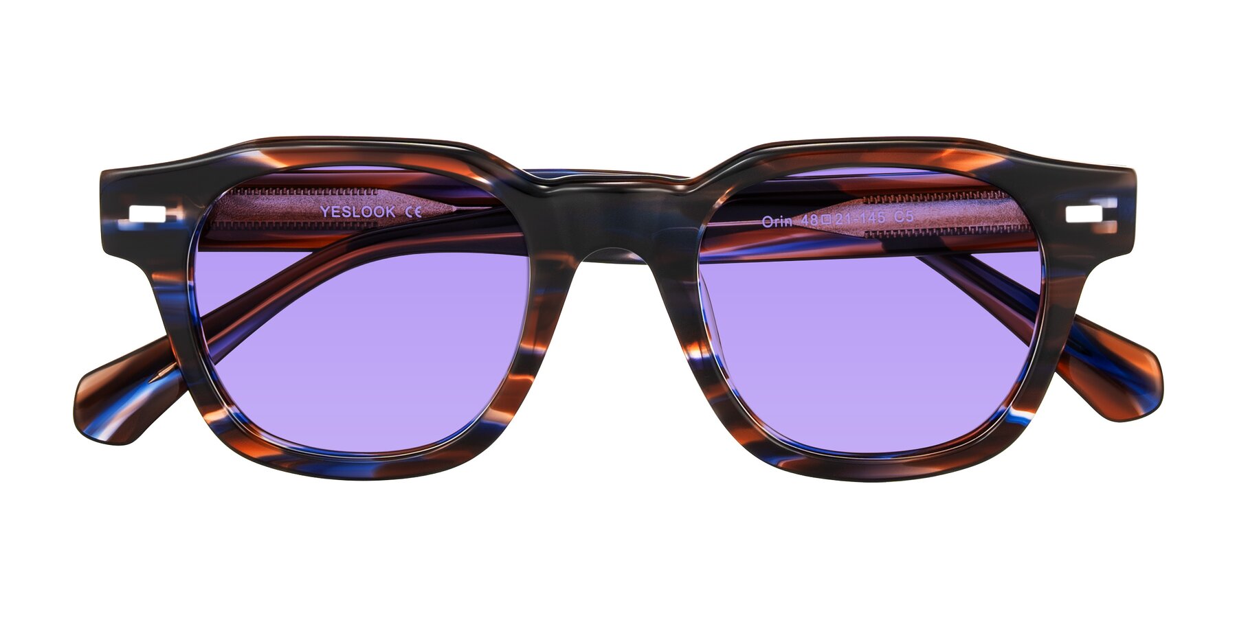 Folded Front of Orin in Brown Blue Striped with Medium Purple Tinted Lenses