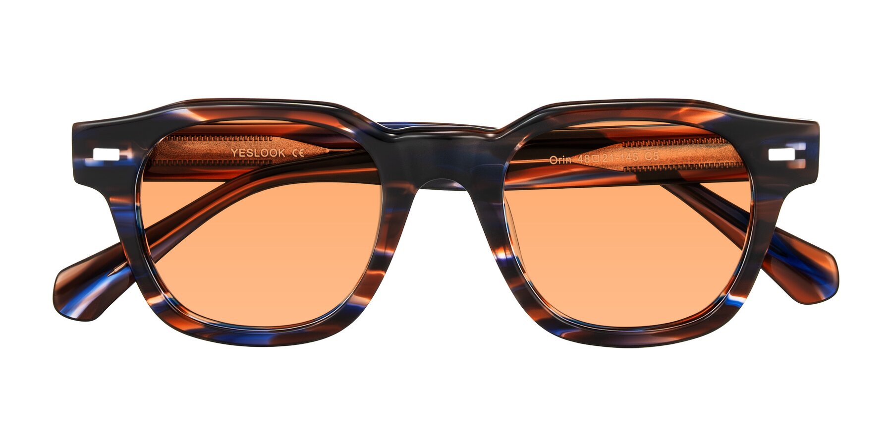 Folded Front of Orin in Brown Blue Striped with Medium Orange Tinted Lenses