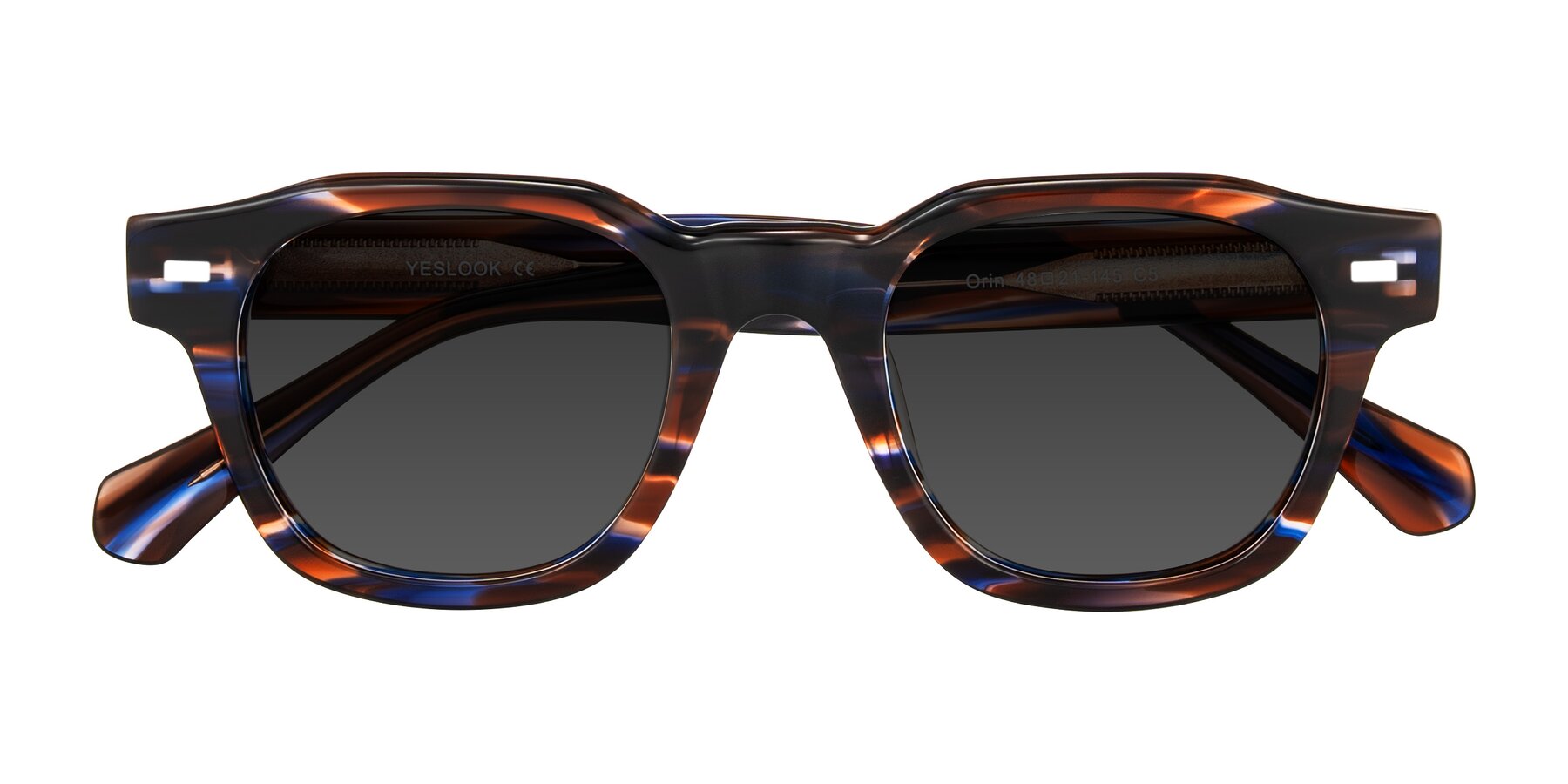Folded Front of Orin in Brown Blue Striped with Gray Tinted Lenses