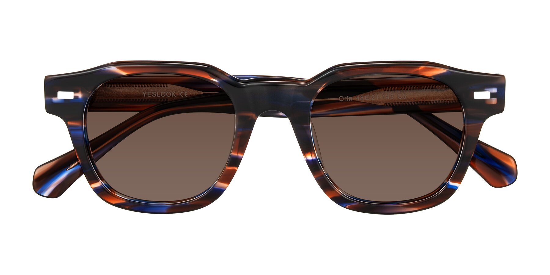 Folded Front of Orin in Brown Blue Striped with Brown Tinted Lenses