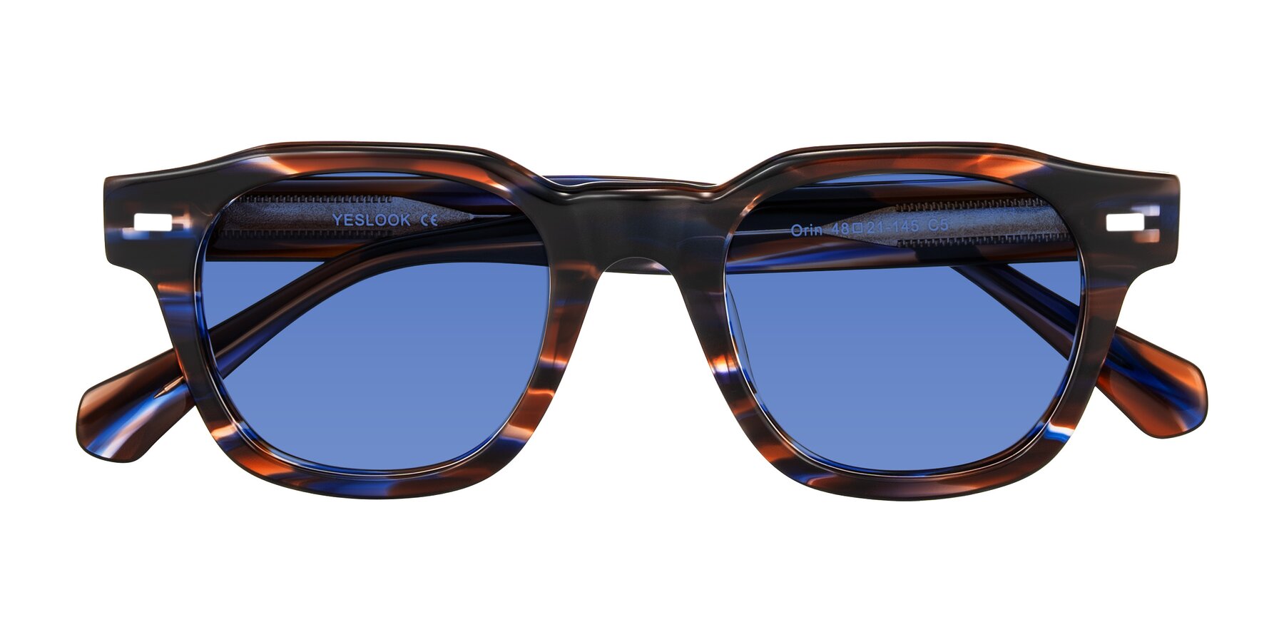 Folded Front of Orin in Brown Blue Striped with Blue Tinted Lenses