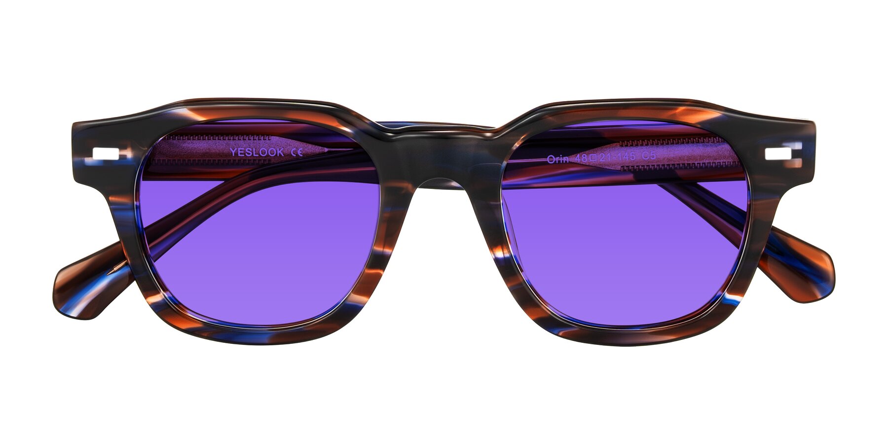 Folded Front of Orin in Brown Blue Striped with Purple Tinted Lenses