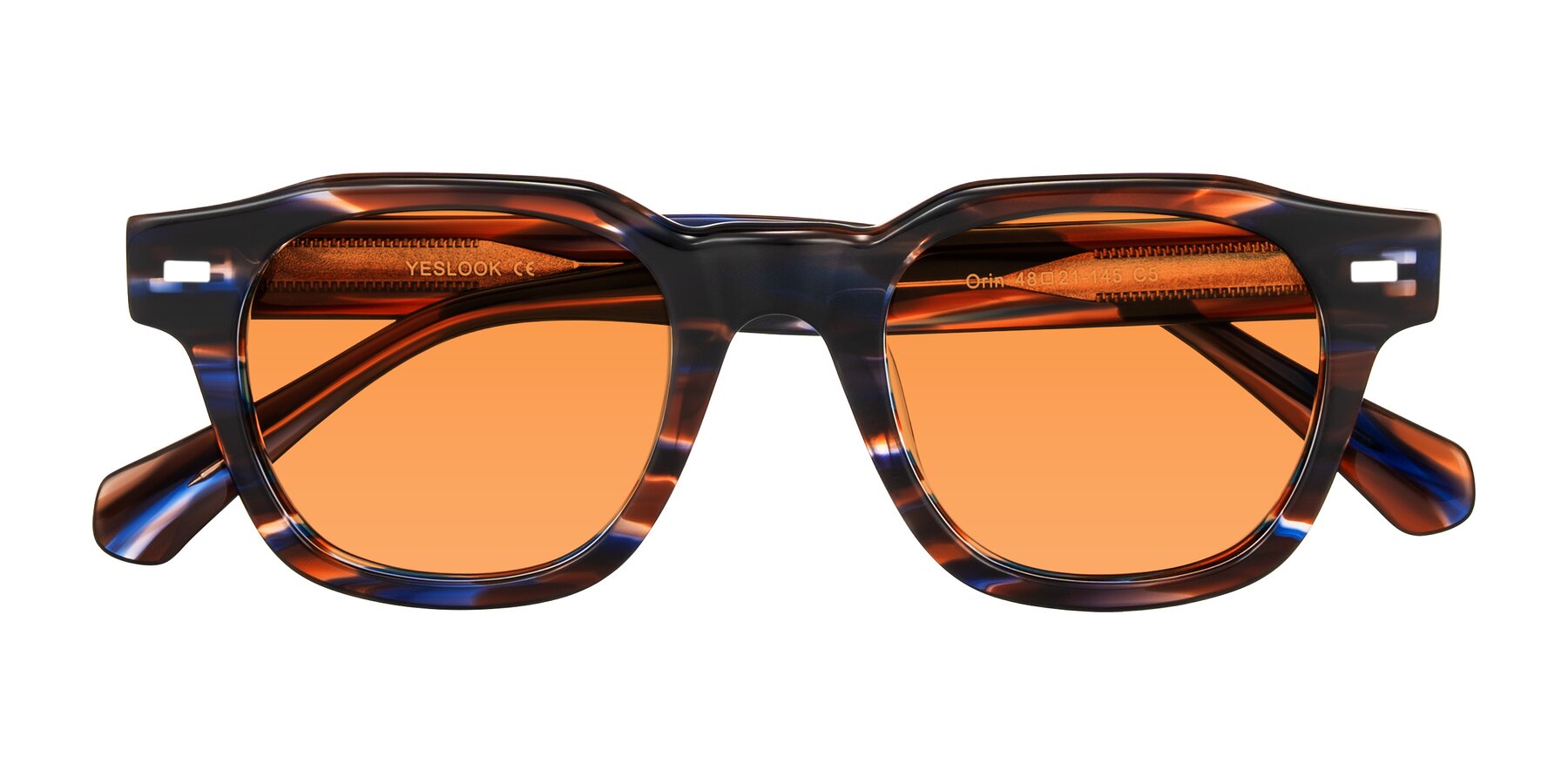 Folded Front of Orin in Brown Blue Striped with Orange Tinted Lenses