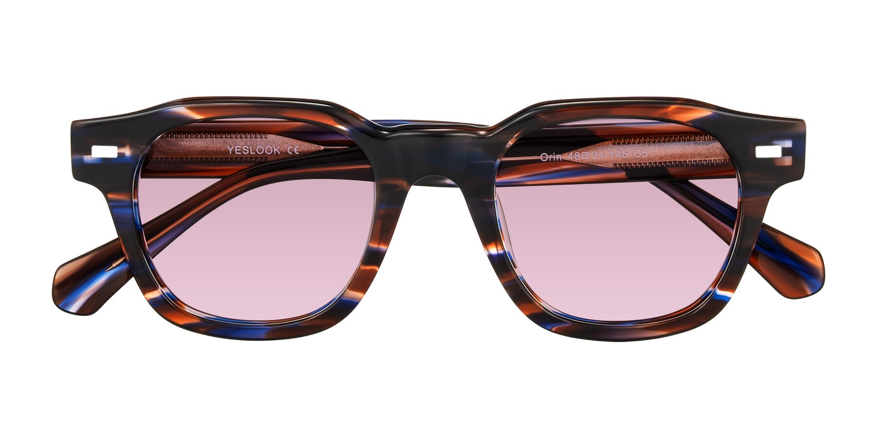 Brown Blue Striped Retro-Vintage Acetate Trapezoid Tinted Sunglasses with Light Wine Sunwear Lenses - Orin