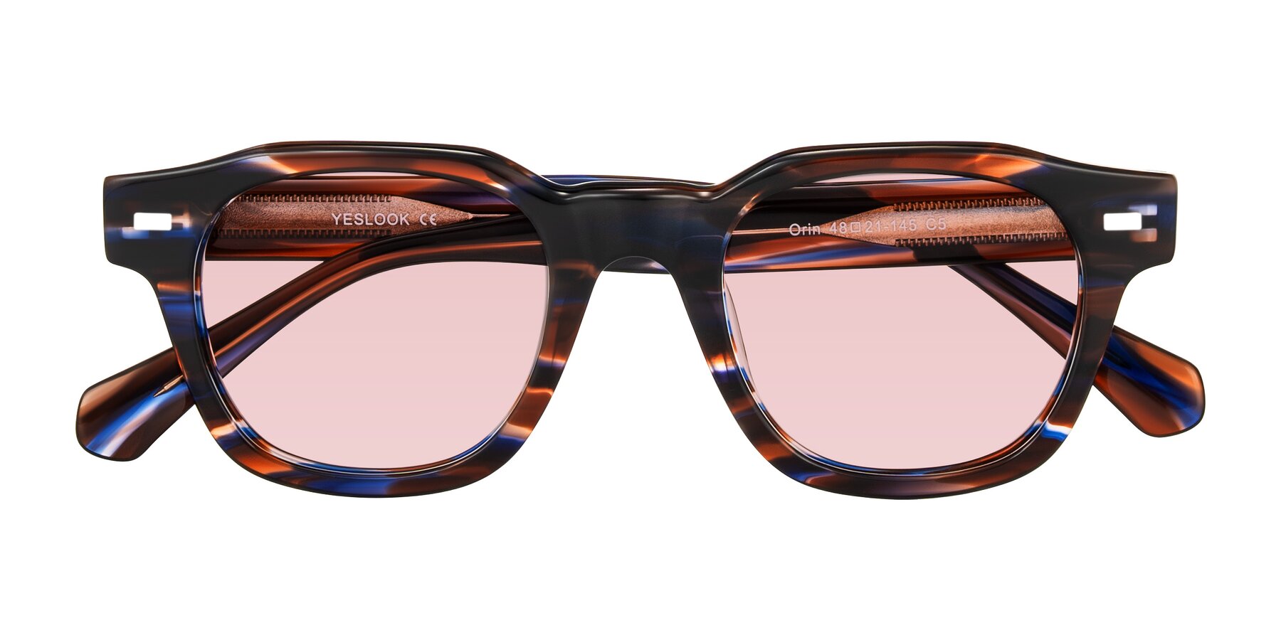Folded Front of Orin in Brown Blue Striped with Light Garnet Tinted Lenses