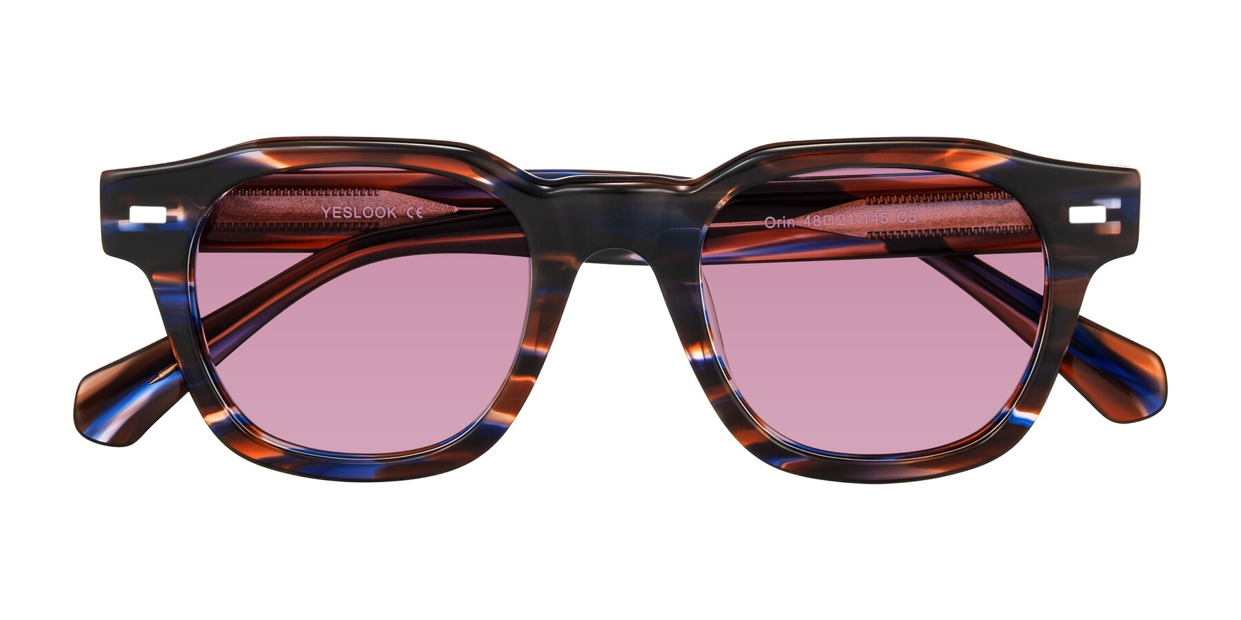Folded Front of Orin in Brown Blue Striped with Medium Wine Tinted Lenses