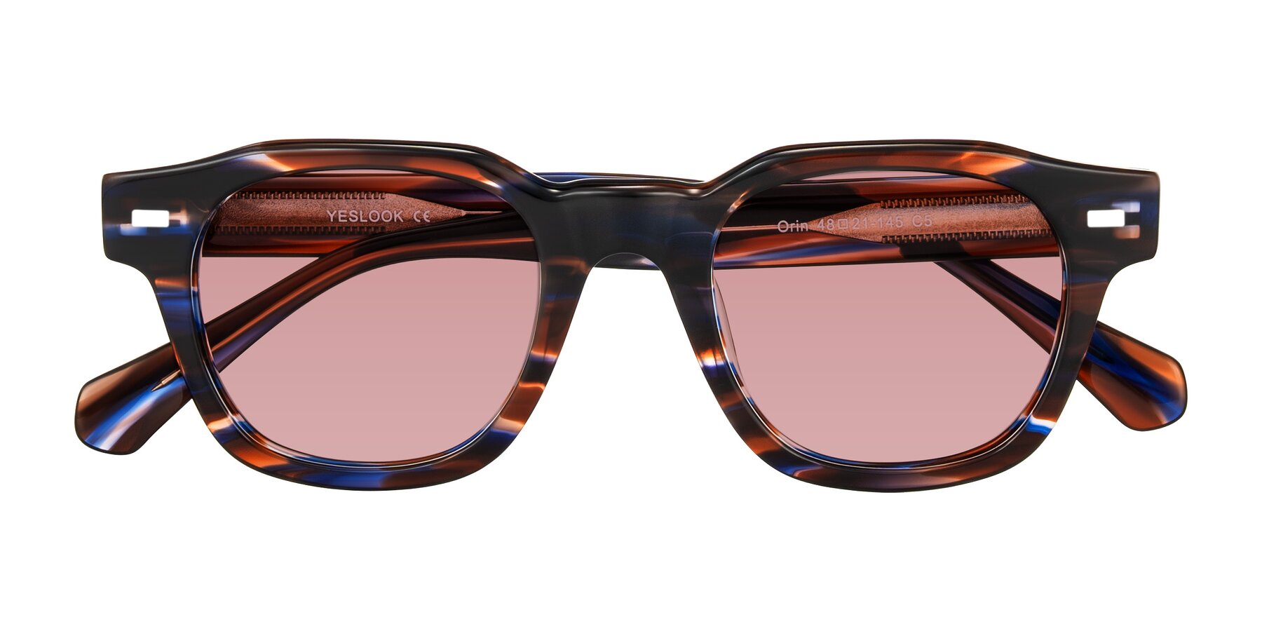 Folded Front of Orin in Brown Blue Striped with Medium Garnet Tinted Lenses