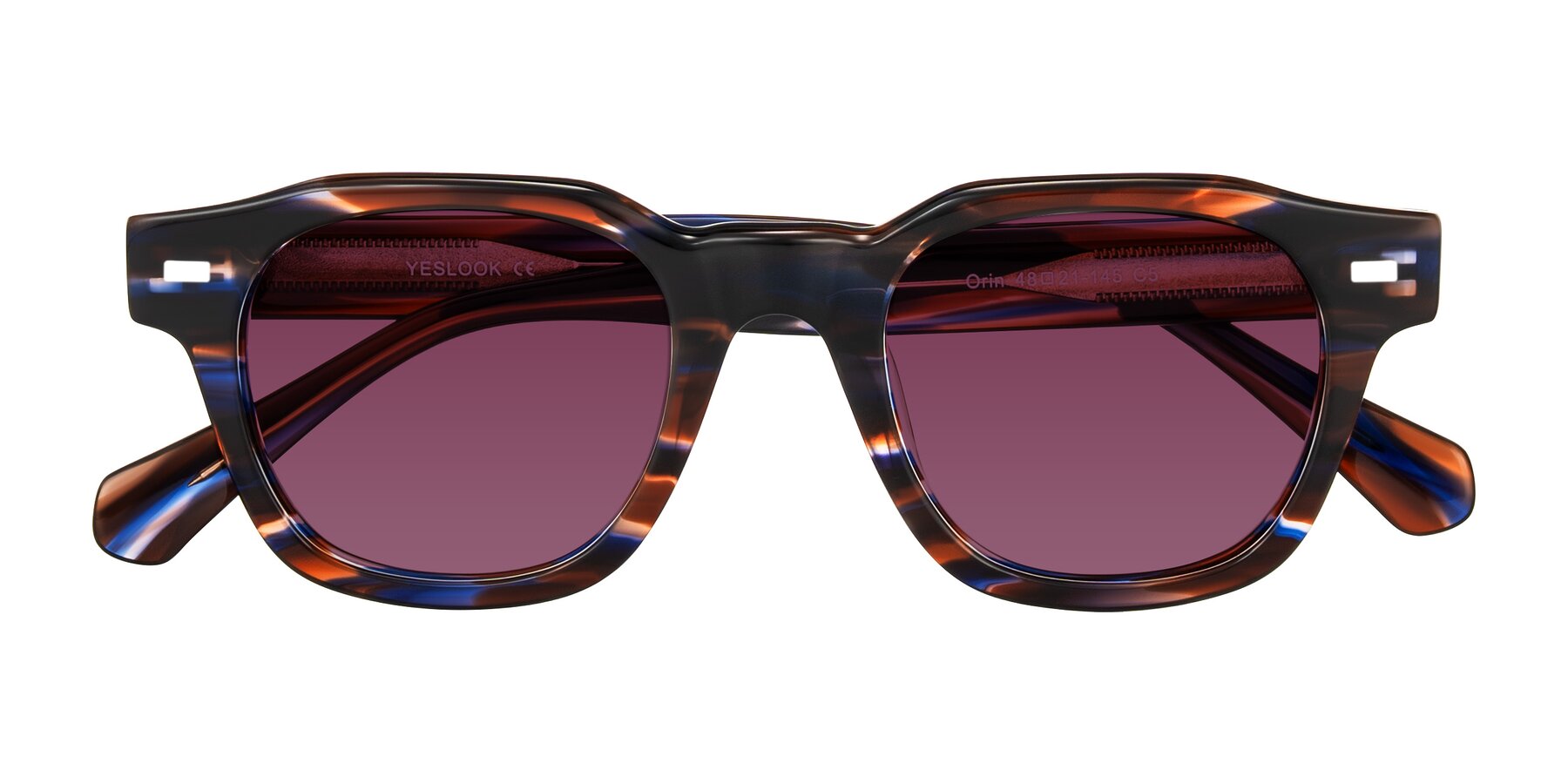 Folded Front of Orin in Brown Blue Striped with Wine Tinted Lenses