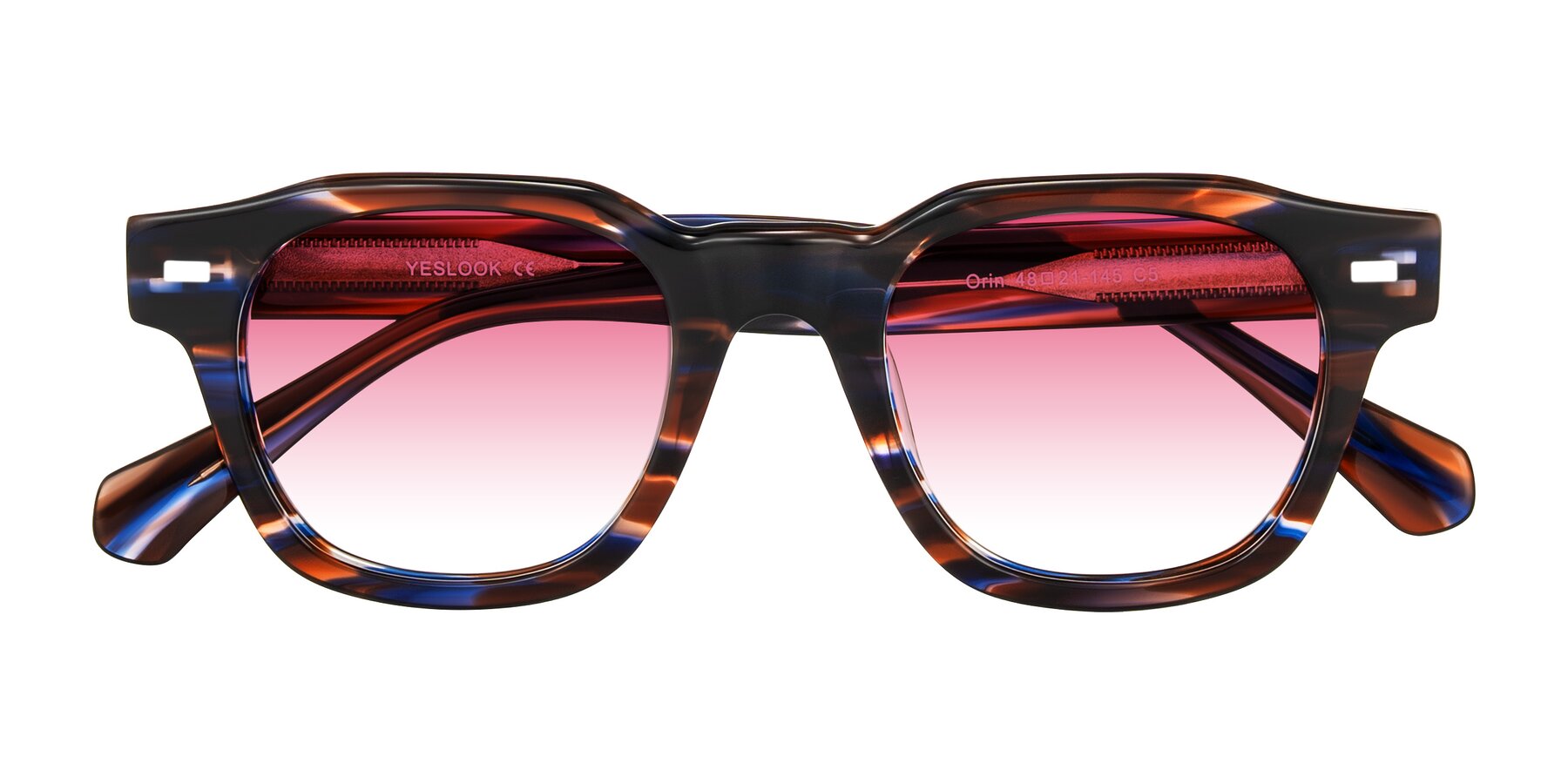 Folded Front of Orin in Brown Blue Striped with Pink Gradient Lenses