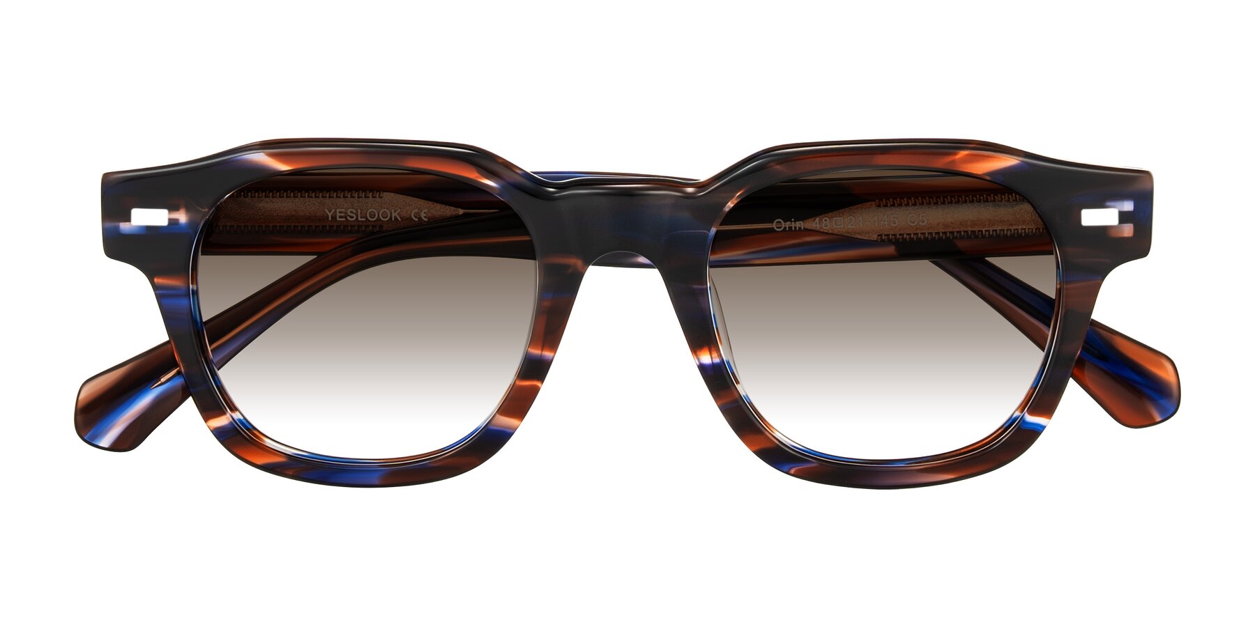 Folded Front of Orin in Brown Blue Striped with Brown Gradient Lenses