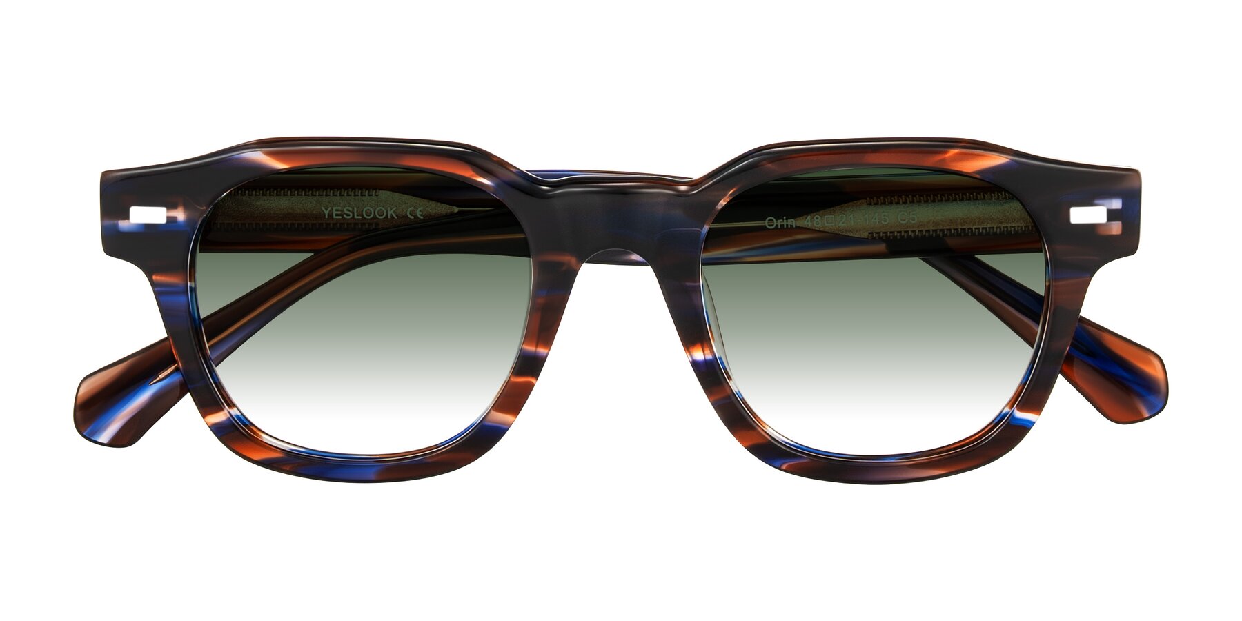 Folded Front of Orin in Brown Blue Striped with Green Gradient Lenses