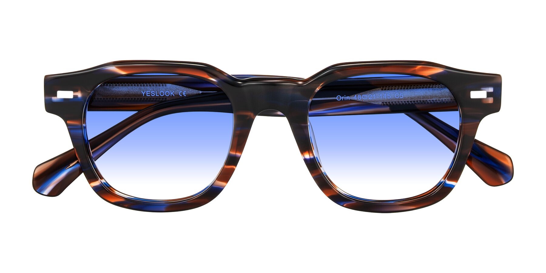 Folded Front of Orin in Brown Blue Striped with Blue Gradient Lenses