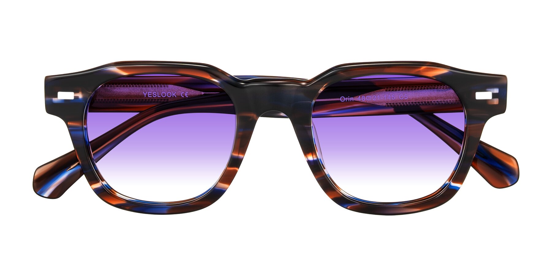 Folded Front of Orin in Brown Blue Striped with Purple Gradient Lenses
