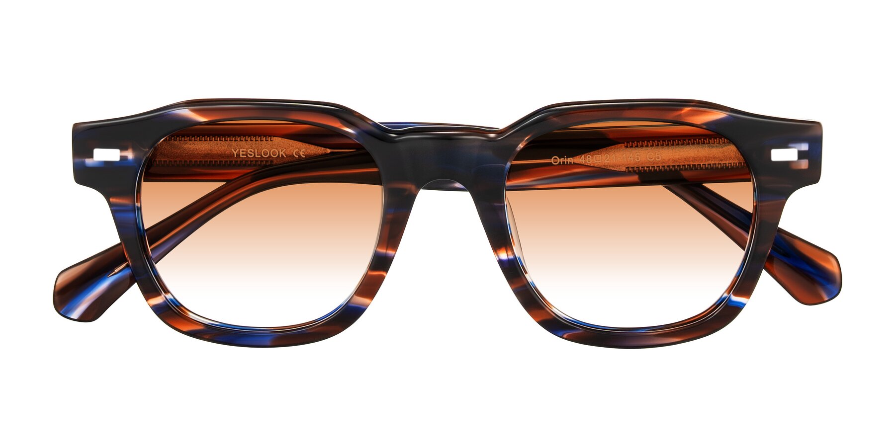 Folded Front of Orin in Brown Blue Striped with Orange Gradient Lenses