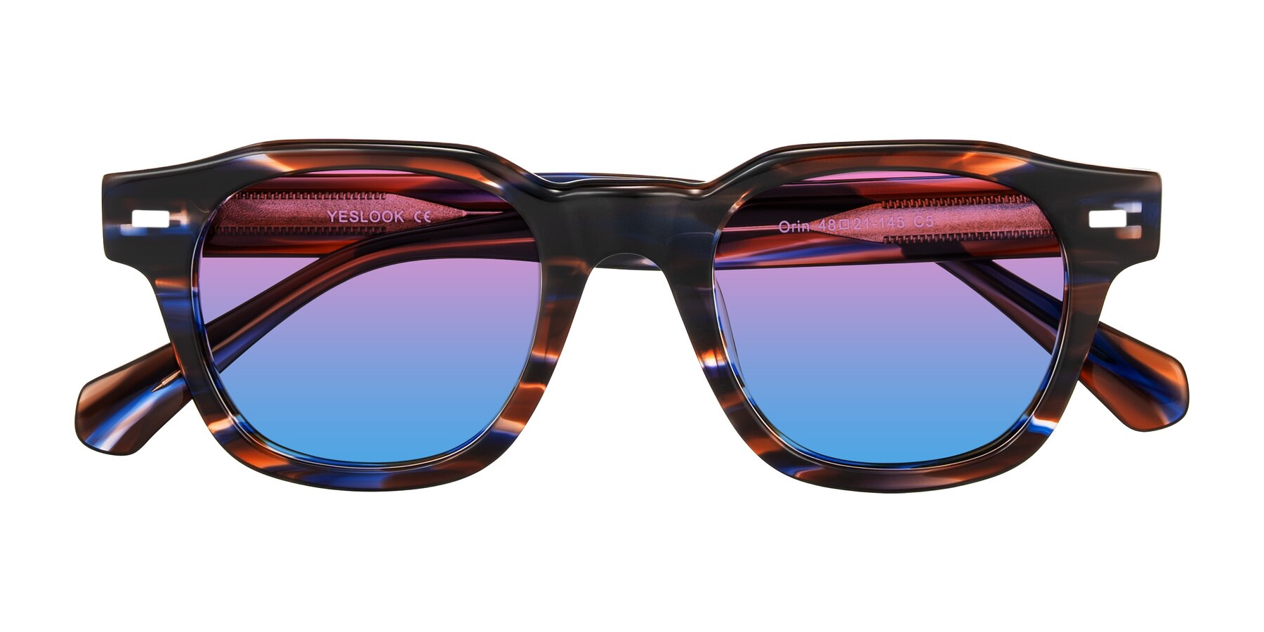 Folded Front of Orin in Brown Blue Striped with Pink / Blue Gradient Lenses
