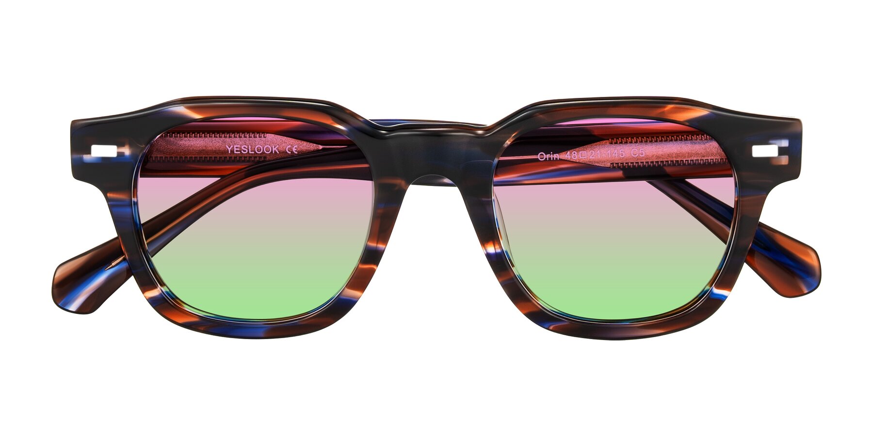 Folded Front of Orin in Brown Blue Striped with Pink / Green Gradient Lenses