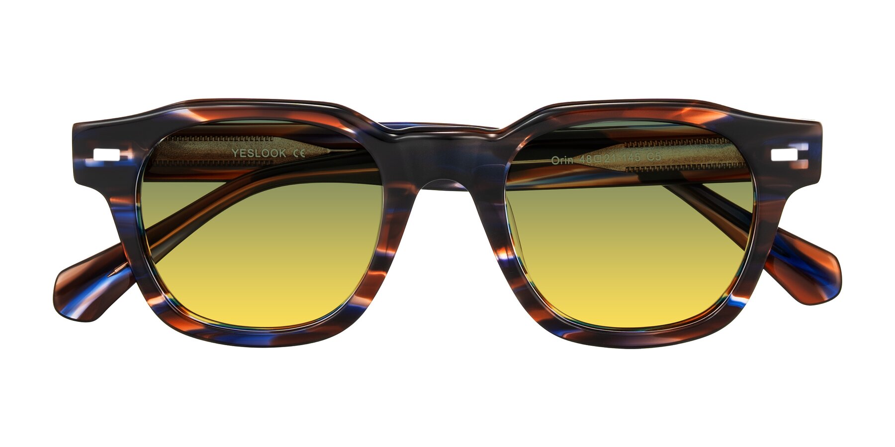 Folded Front of Orin in Brown Blue Striped with Green / Yellow Gradient Lenses