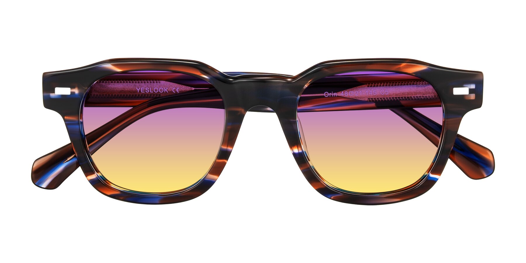 Folded Front of Orin in Brown Blue Striped with Purple / Yellow Gradient Lenses