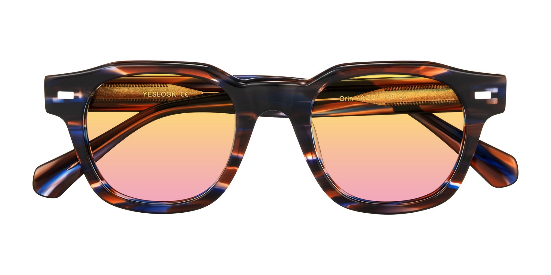 Folded Front of Orin in Brown Blue Striped with Yellow / Pink Gradient Lenses