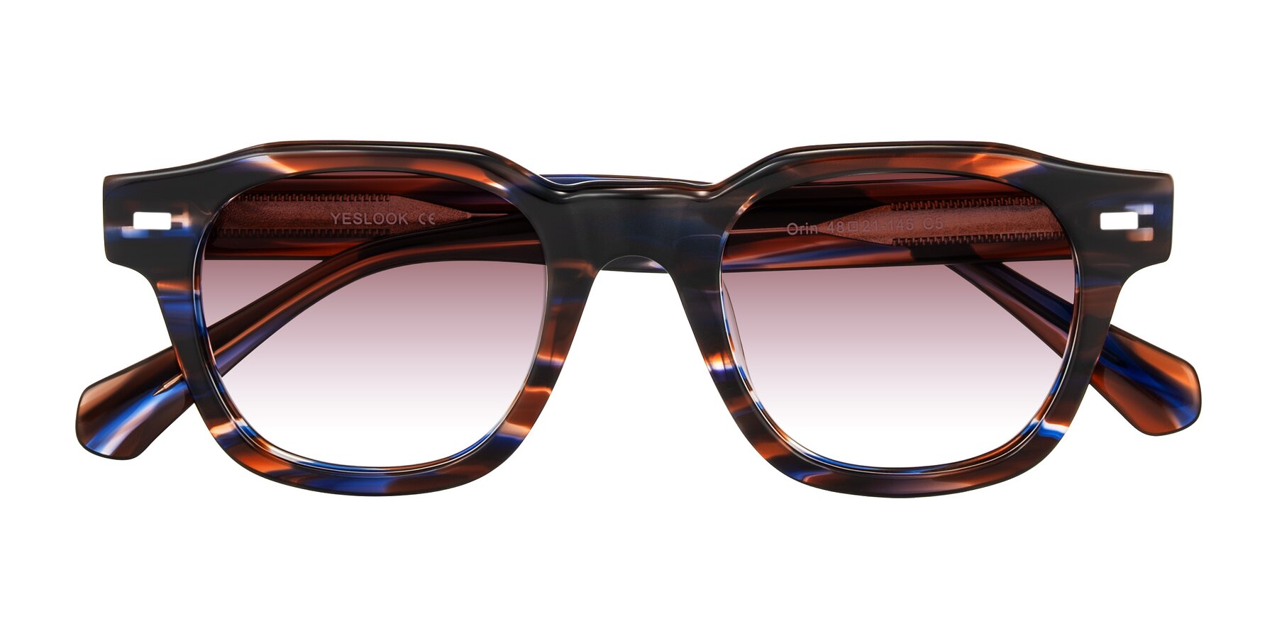 Folded Front of Orin in Brown Blue Striped with Garnet Gradient Lenses