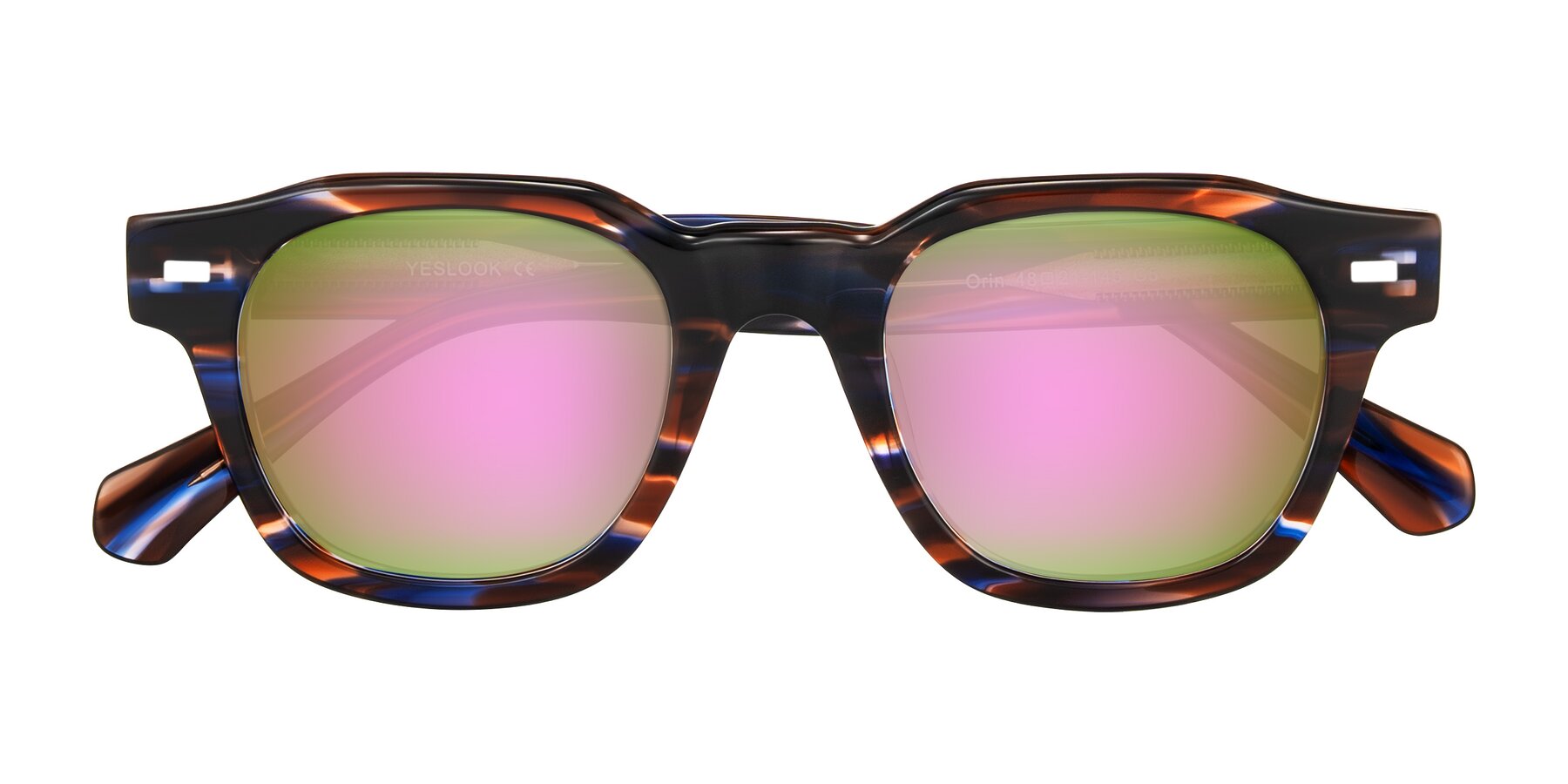 Folded Front of Orin in Brown Blue Striped with Pink Mirrored Lenses