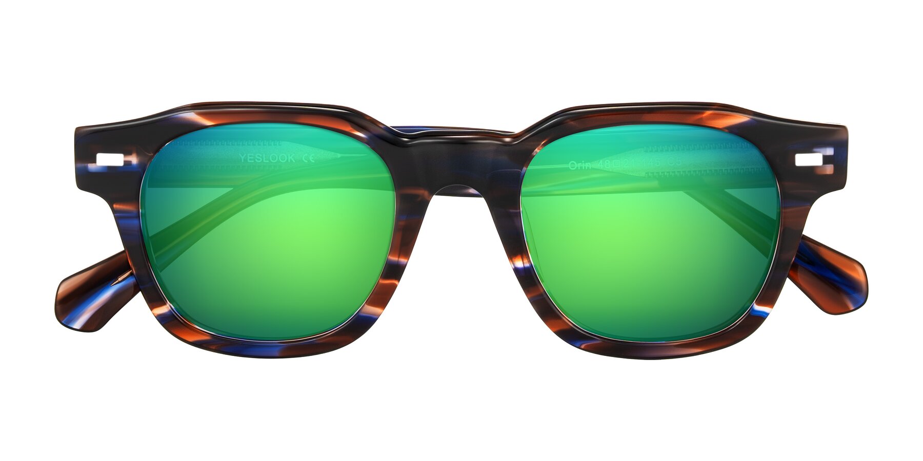 Folded Front of Orin in Brown Blue Striped with Green Mirrored Lenses