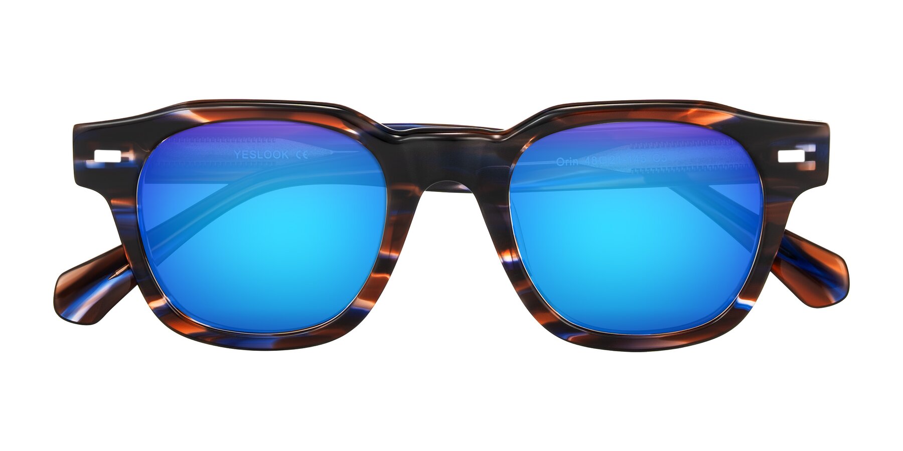 Folded Front of Orin in Brown Blue Striped with Blue Mirrored Lenses