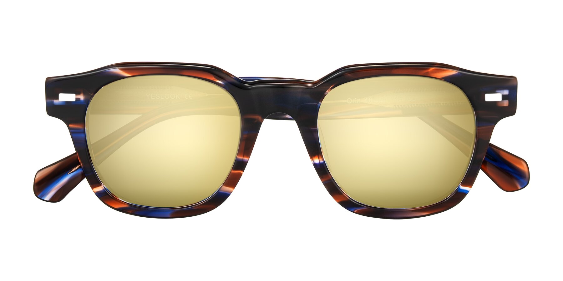 Folded Front of Orin in Brown Blue Striped with Gold Mirrored Lenses
